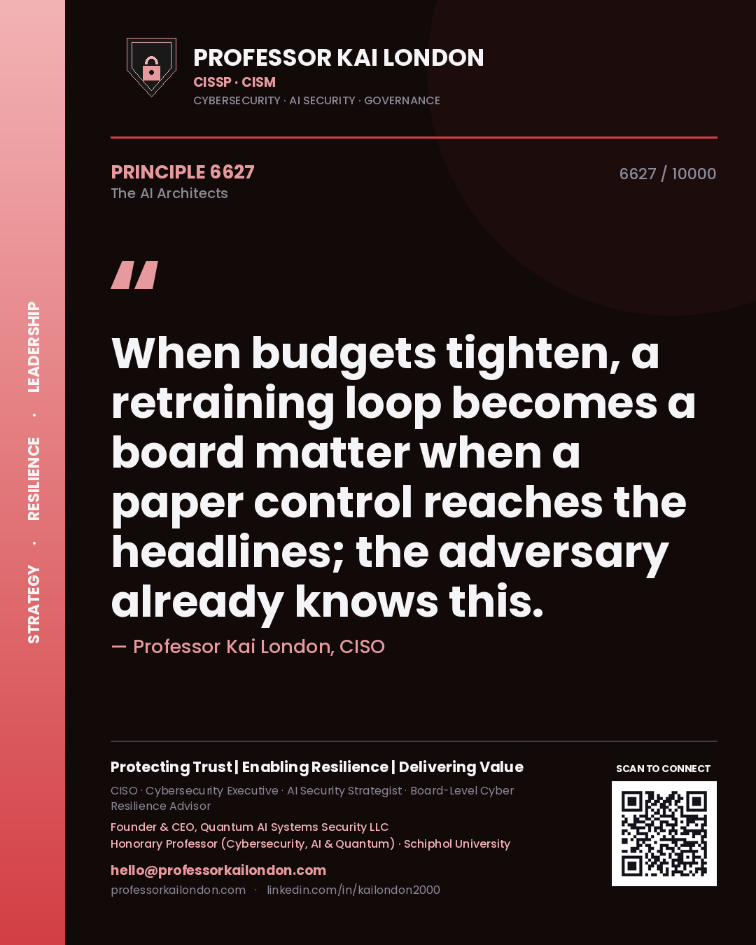 Quote card by Professor Kai London reading 'When budgets tighten, a retraining loop becomes a board matter when a paper control reaches the headlines; the adversary already knows this.'. From the book The AI Architects.