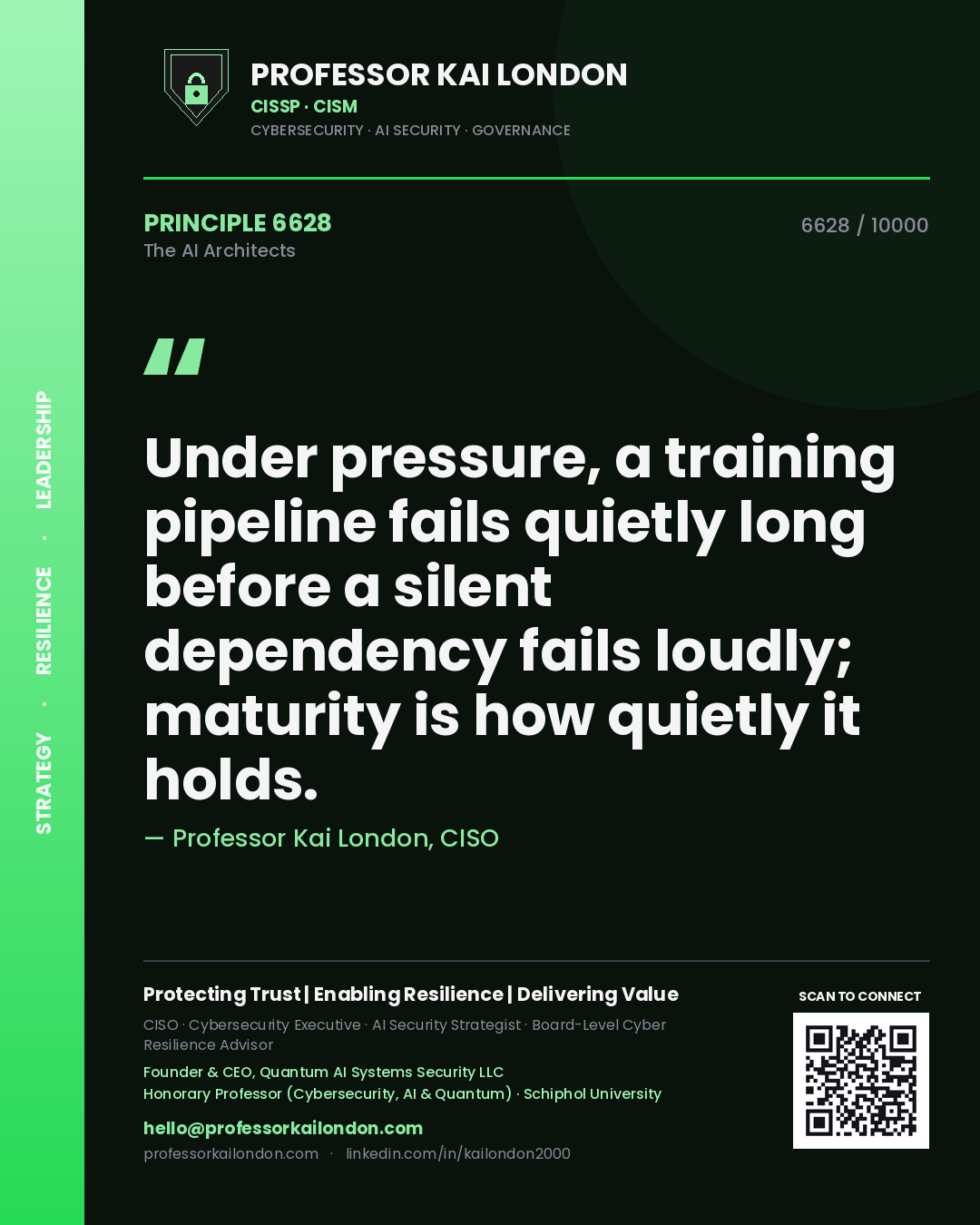 Quote card by Professor Kai London reading 'Under pressure, a training pipeline fails quietly long before a silent dependency fails loudly; maturity is how quietly it holds.'. From the book The AI Architects.