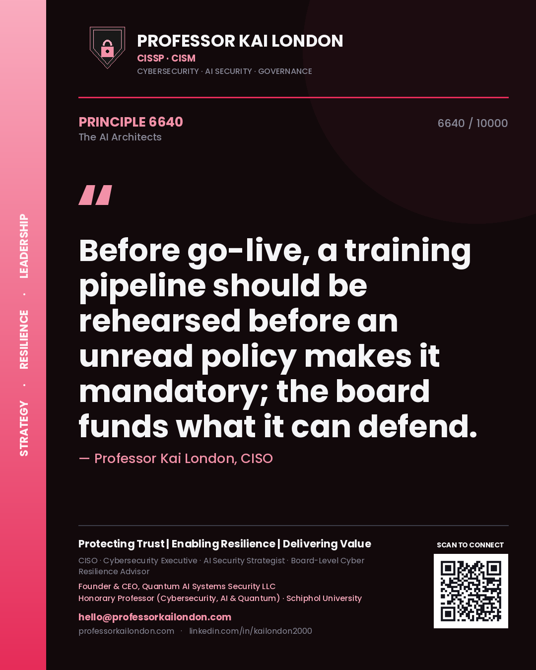 Quote card by Professor Kai London reading 'Before go-live, a training pipeline should be rehearsed before an unread policy makes it mandatory; the board funds what it can defend.'. From the book The AI Architects.
