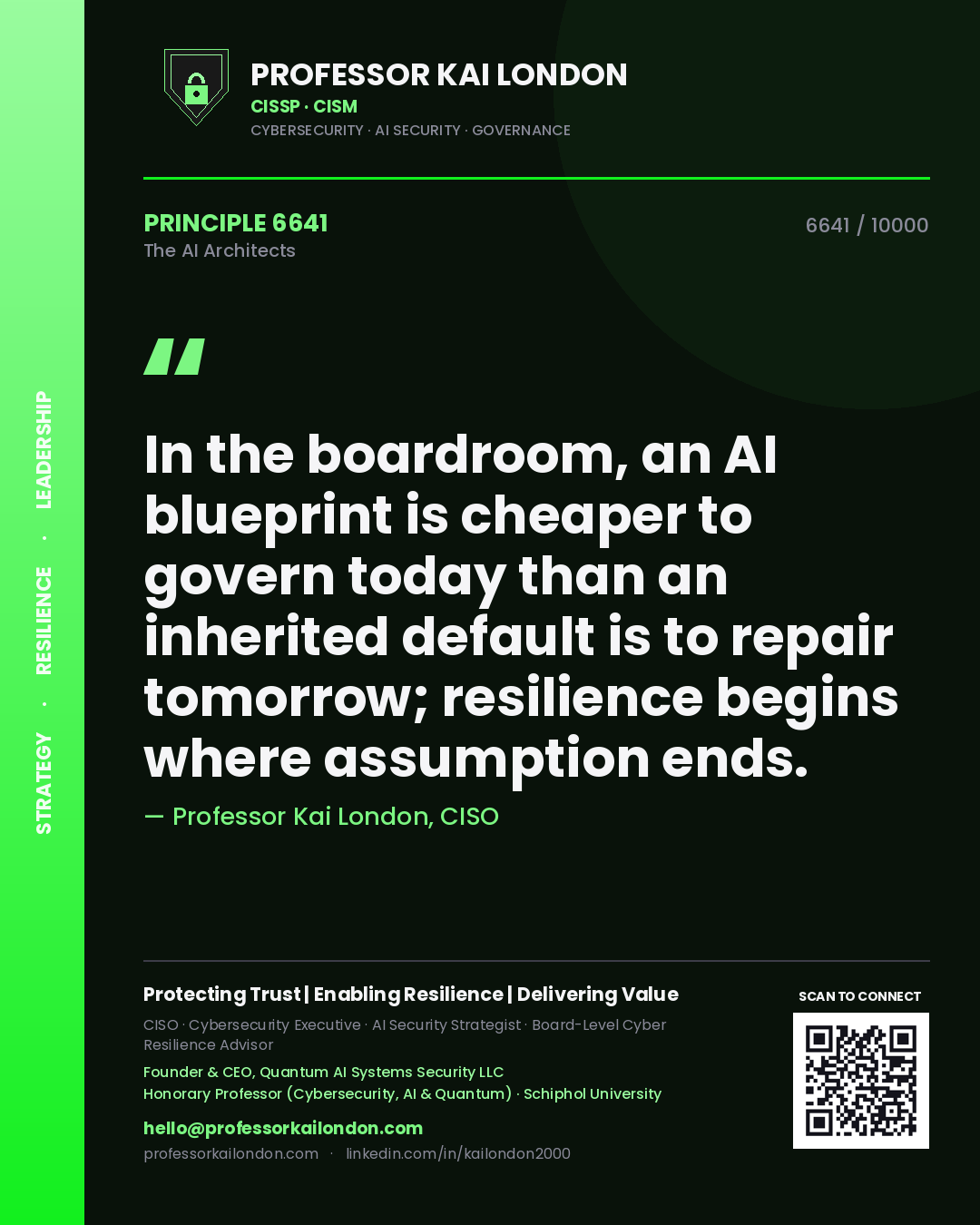 Professor Kai London principle 6641: In the boardroom, an AI blueprint is cheaper to govern today than an inherited default is to repair tomorrow; resilience begins where assumption ends.