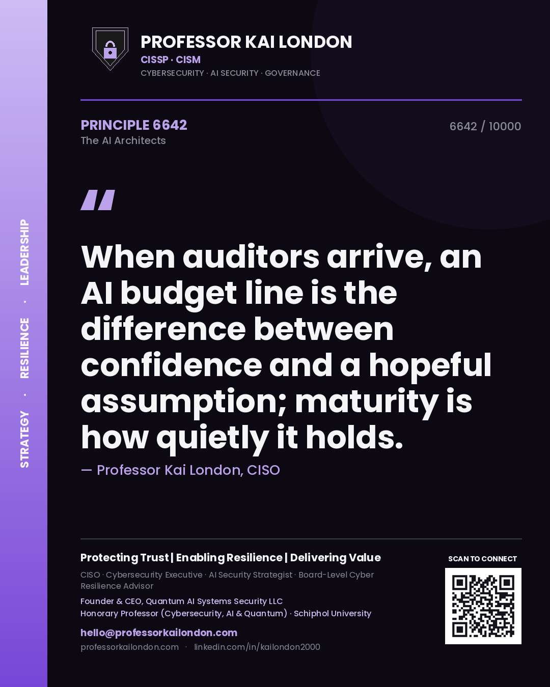 Quote card by Professor Kai London reading 'When auditors arrive, an AI budget line is the difference between confidence and a hopeful assumption; maturity is how quietly it holds.'. From the book The AI Architects.