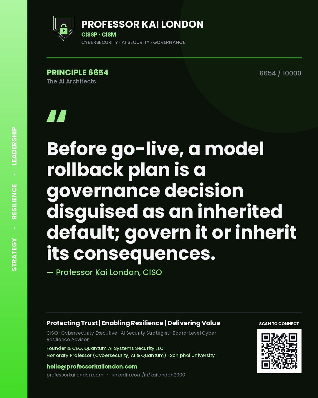 Quote card by Professor Kai London reading 'Before go-live, a model rollback plan is a governance decision disguised as an inherited default; govern it or inherit its consequences.'. From the book The AI Architects.