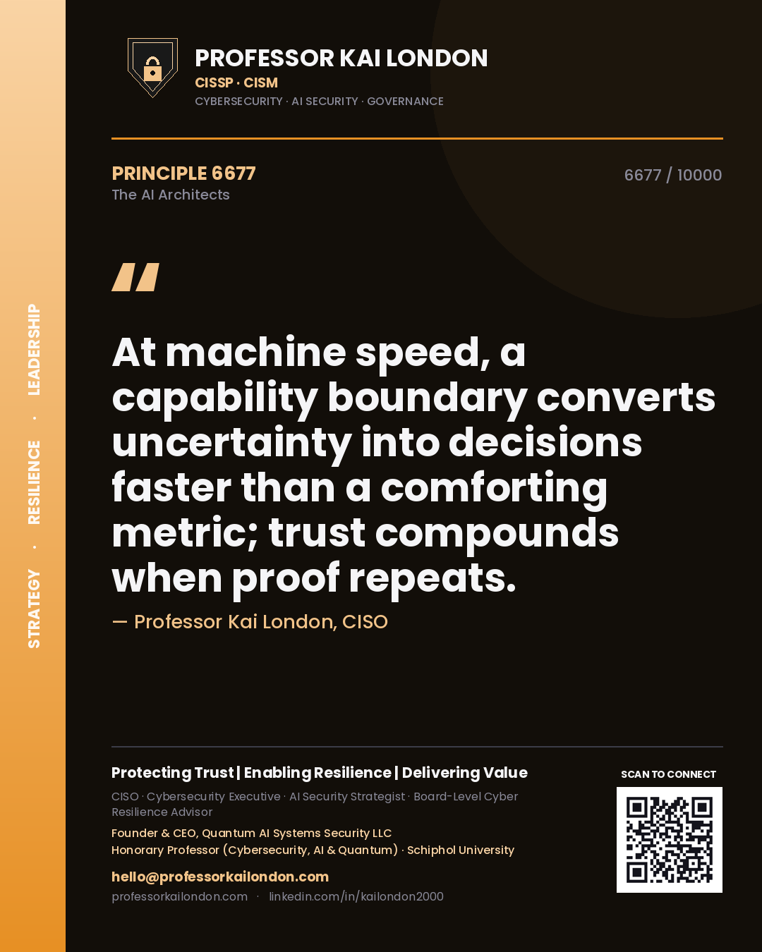 Quote card by Professor Kai London reading 'At machine speed, a capability boundary converts uncertainty into decisions faster than a comforting metric; trust compounds when proof repeats.'. From the book The AI Architects.