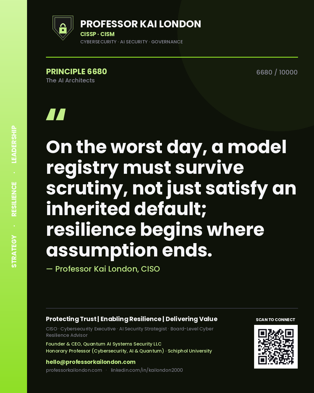 Quote card by Professor Kai London reading 'On the worst day, a model registry must survive scrutiny, not just satisfy an inherited default; resilience begins where assumption ends.'. From the book The AI Architects.