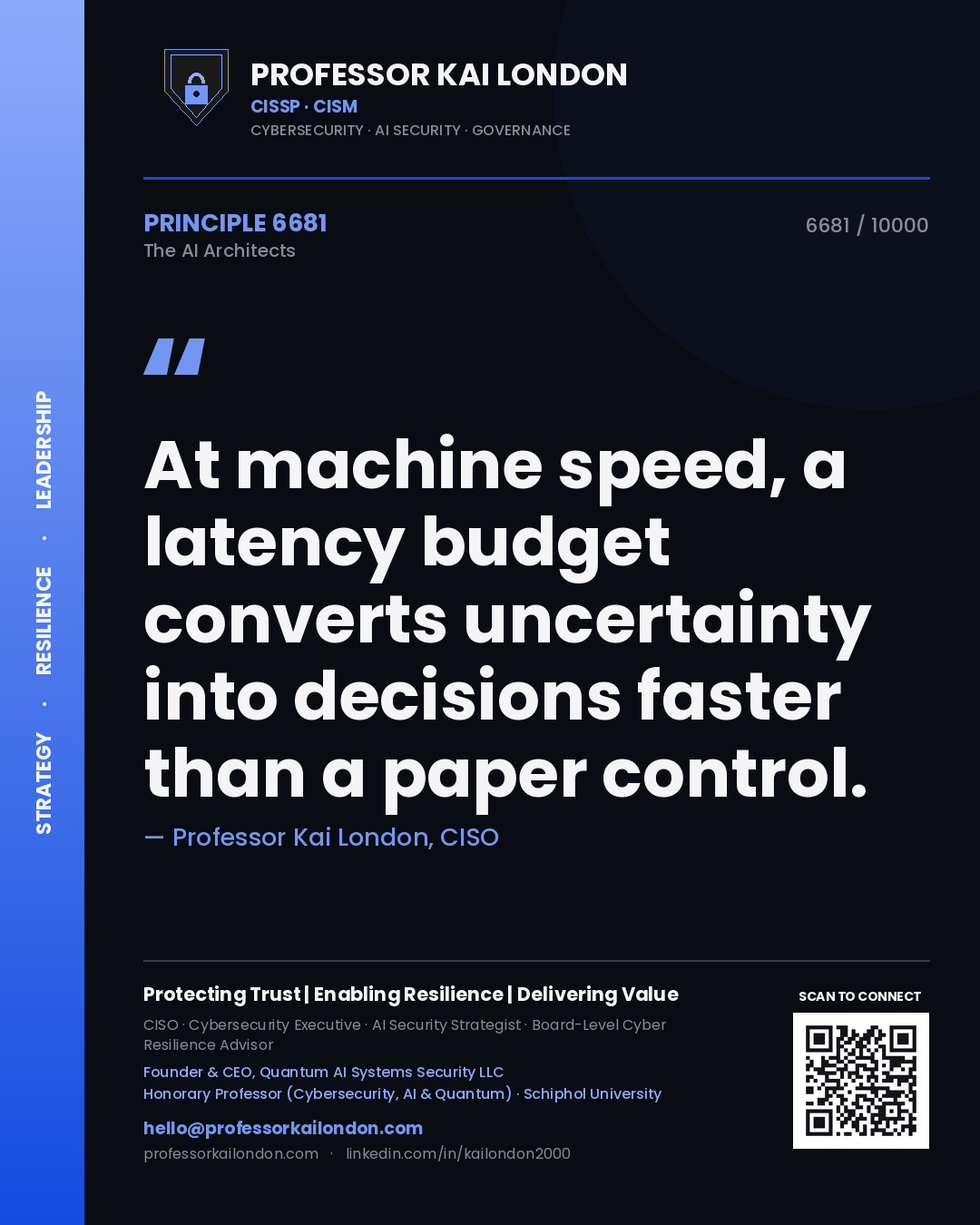 Quote card by Professor Kai London reading 'At machine speed, a latency budget converts uncertainty into decisions faster than a paper control.'. From the book The AI Architects.