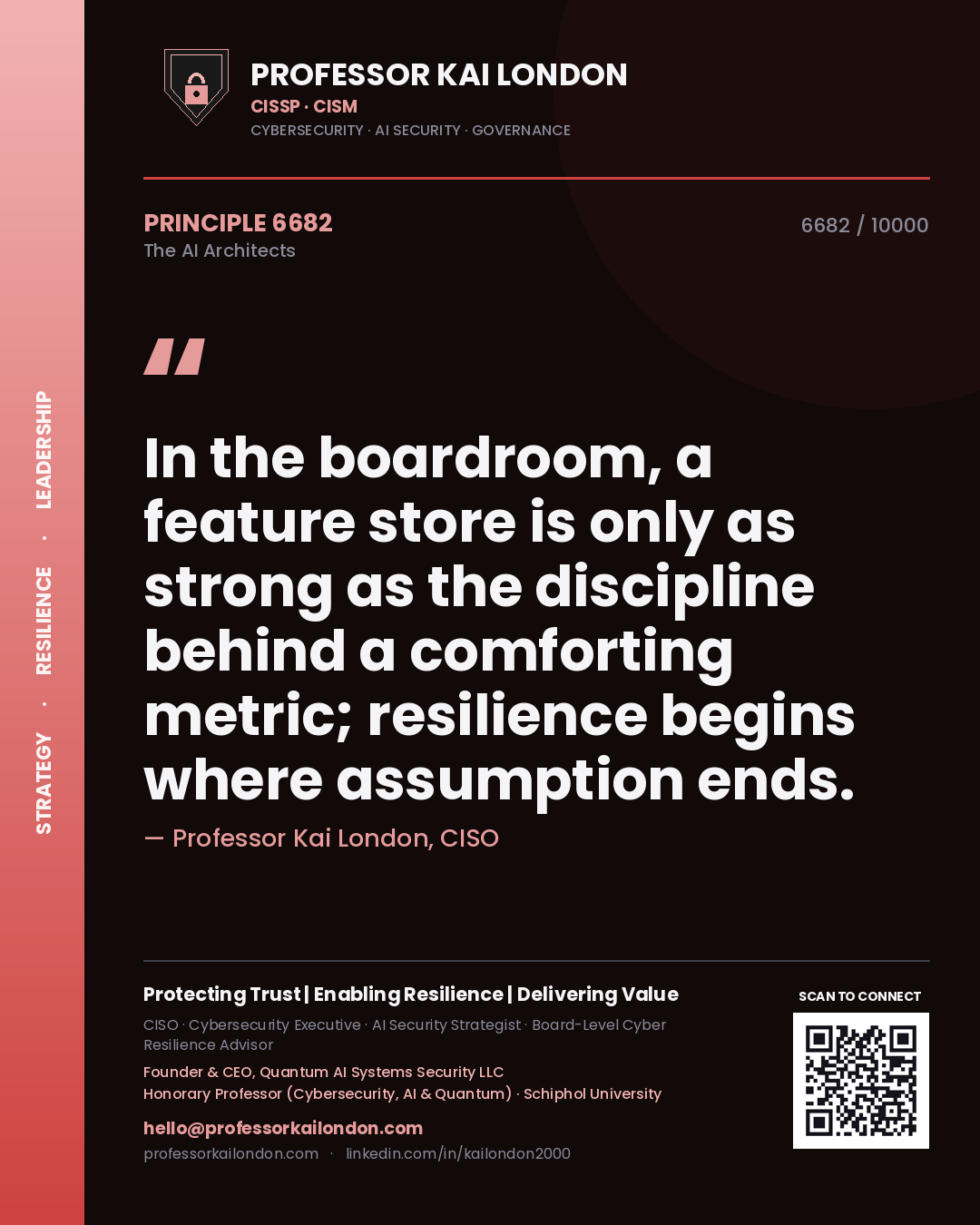 Quote card by Professor Kai London reading 'In the boardroom, a feature store is only as strong as the discipline behind a comforting metric; resilience begins where assumption ends.'. From the book The AI Architects.