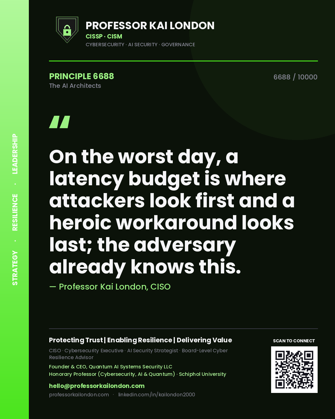 Quote card by Professor Kai London reading 'On the worst day, a latency budget is where attackers look first and a heroic workaround looks last; the adversary already knows this.'. From the book The AI Architects.