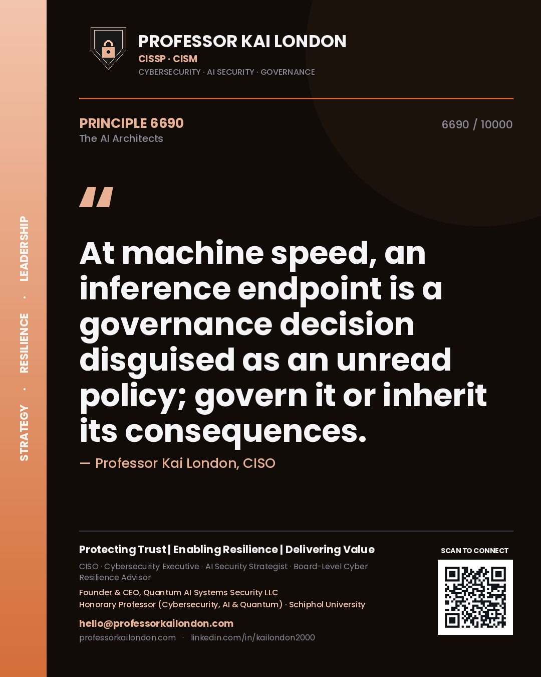 Quote card by Professor Kai London reading 'At machine speed, an inference endpoint is a governance decision disguised as an unread policy; govern it or inherit its consequences.'. From the book The AI Architects.