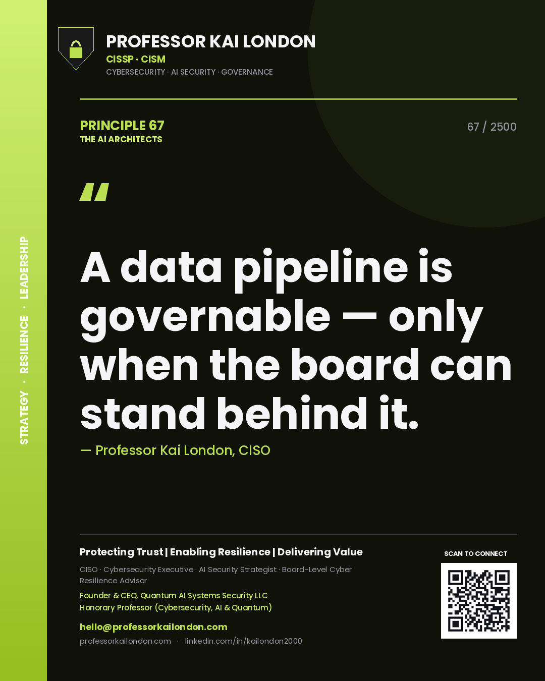 Quote card by Professor Kai London reading 'A data pipeline is governable — only when the board can stand behind it.'. From the book The AI Architects.