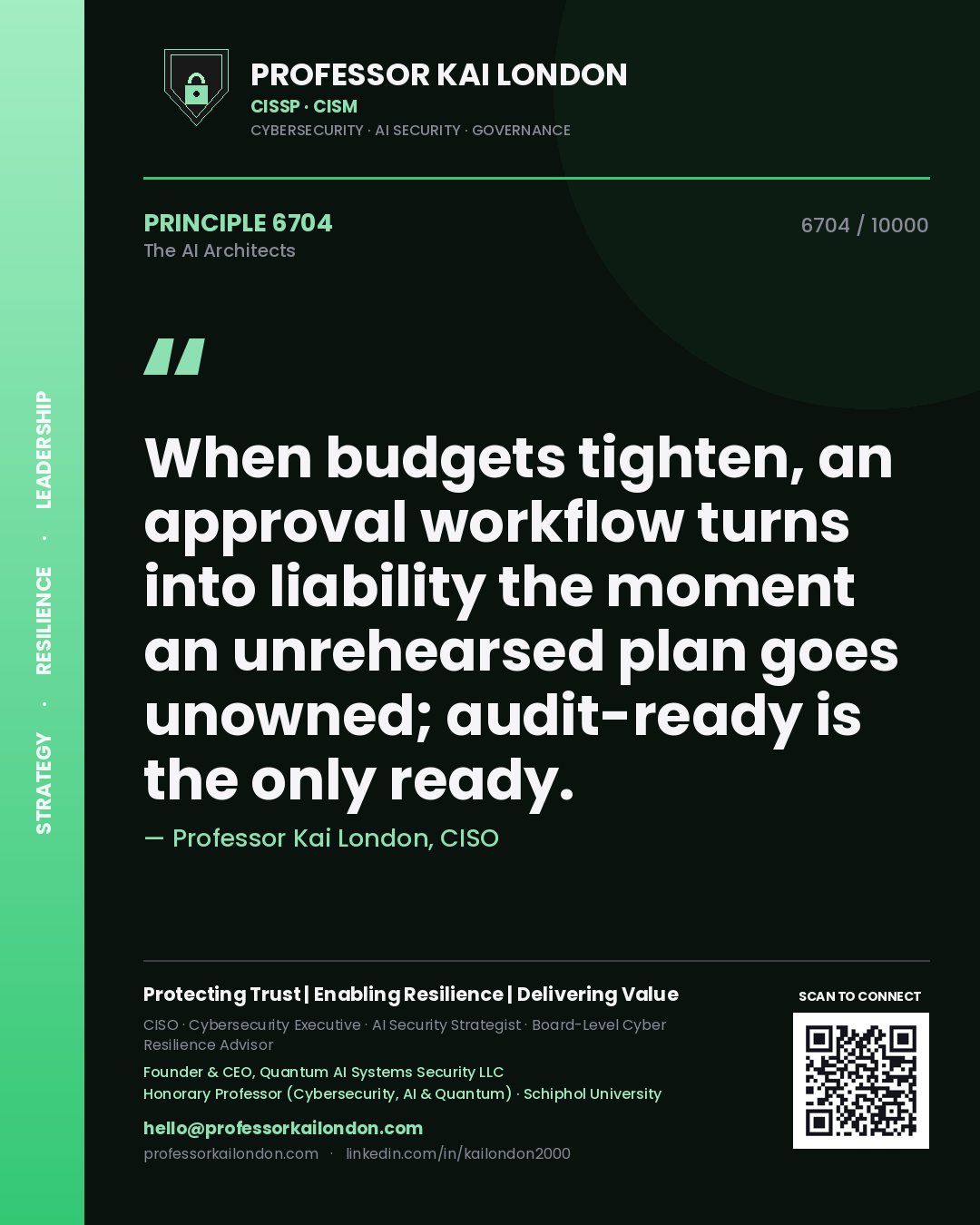 Professor Kai London principle 6704: When budgets tighten, an approval workflow turns into liability the moment an unrehearsed plan goes unowned; audit-ready is the only ready.