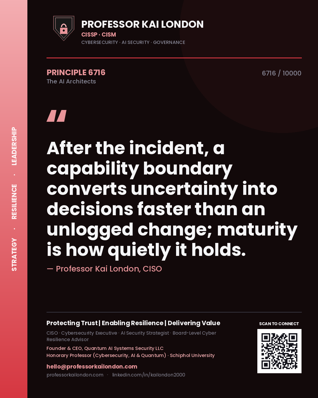 Professor Kai London principle 6716: After the incident, a capability boundary converts uncertainty into decisions faster than an unlogged change; maturity is how quietly it holds.