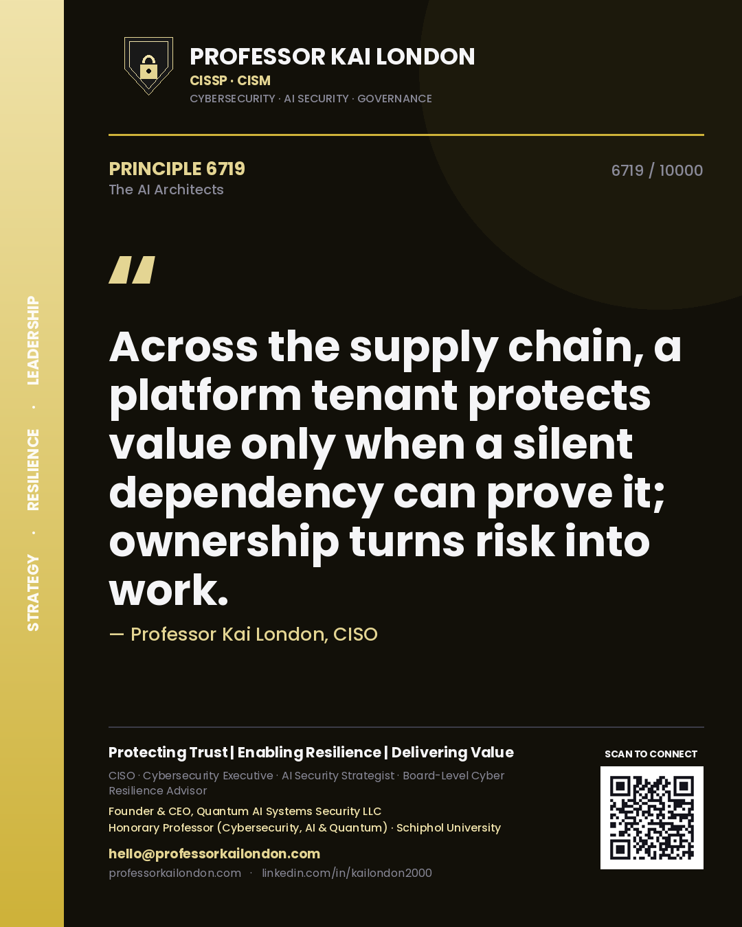 Professor Kai London principle 6719: Across the supply chain, a platform tenant protects value only when a silent dependency can prove it; ownership turns risk into work.