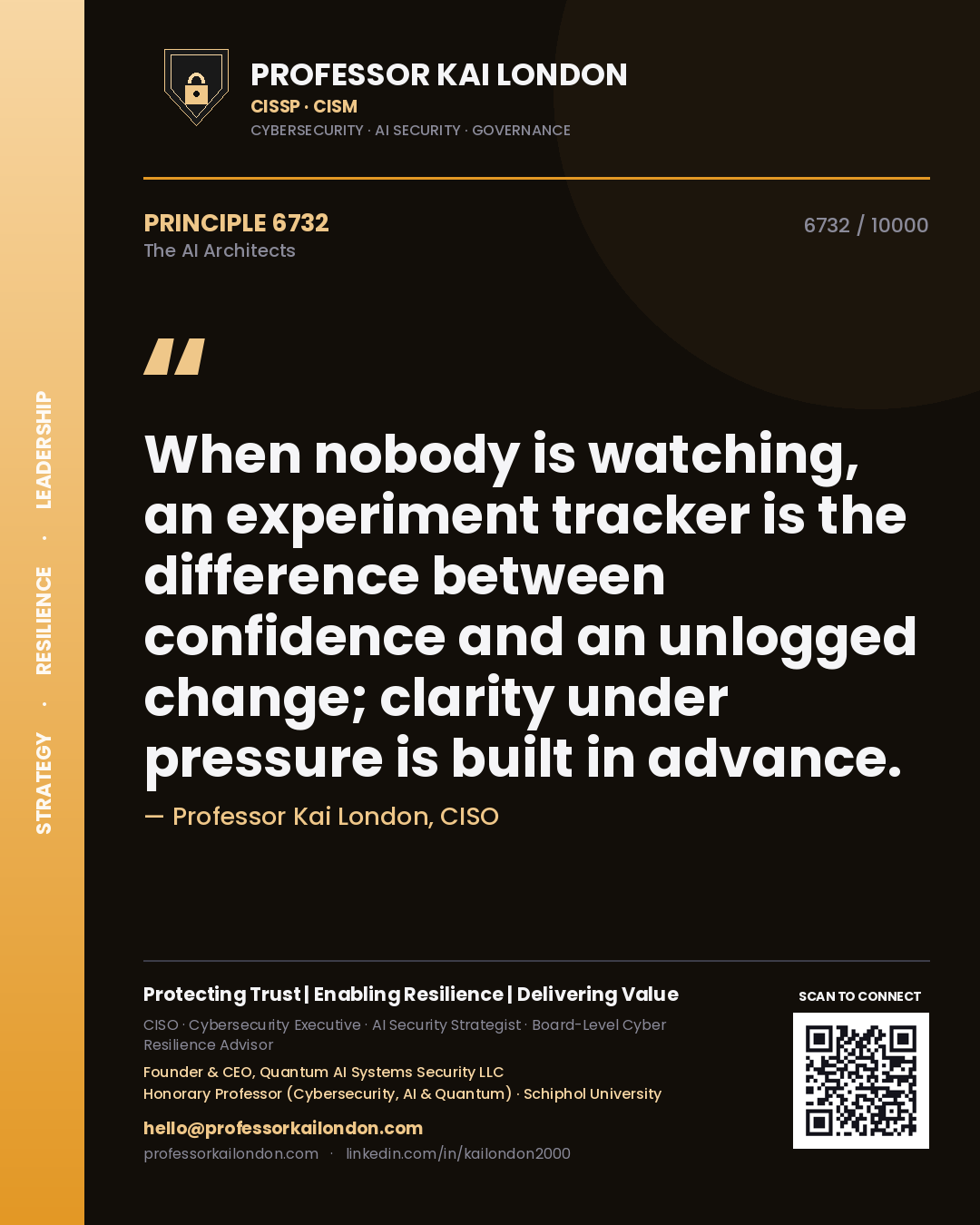 Quote card by Professor Kai London reading 'When nobody is watching, an experiment tracker is the difference between confidence and an unlogged change; clarity under pressure is built in advance.'. From the book The AI Architects.