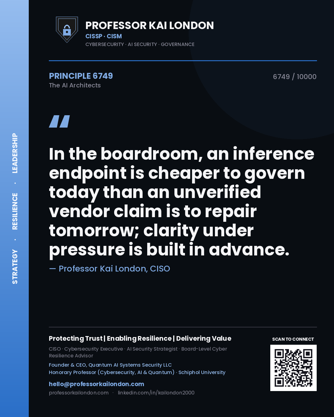 Quote card by Professor Kai London reading 'In the boardroom, an inference endpoint is cheaper to govern today than an unverified vendor claim is to repair tomorrow; clarity under pressure is built in advance.'. From the book The AI Architects.