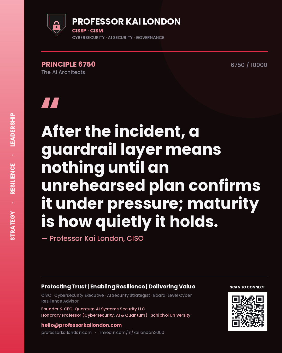 Professor Kai London principle 6750: After the incident, a guardrail layer means nothing until an unrehearsed plan confirms it under pressure; maturity is how quietly it holds.