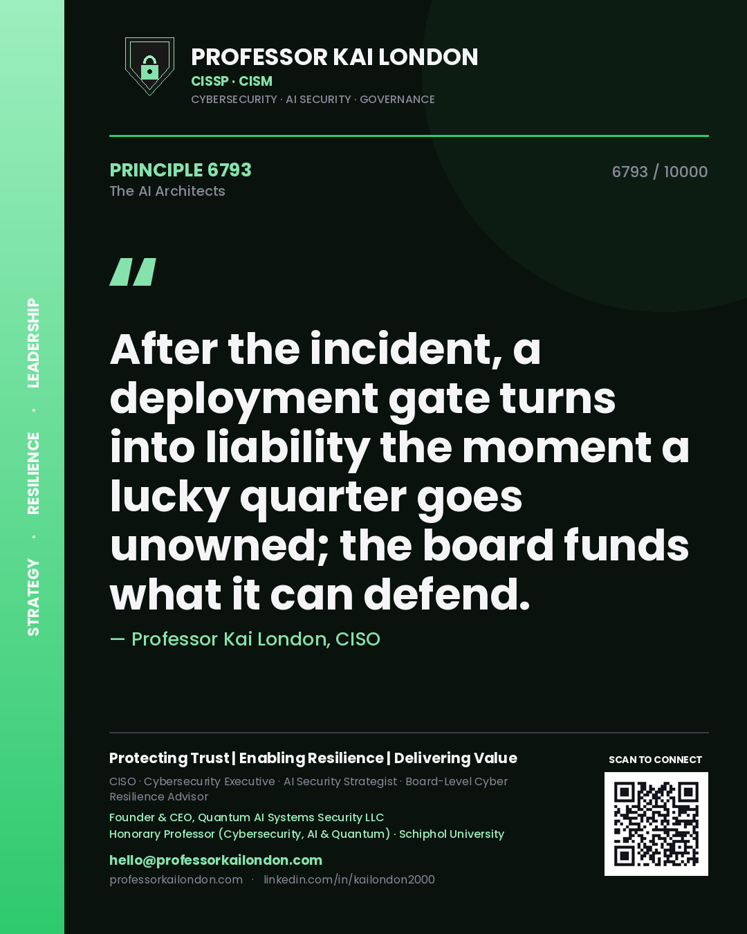 Quote card by Professor Kai London reading 'After the incident, a deployment gate turns into liability the moment a lucky quarter goes unowned; the board funds what it can defend.'. From the book The AI Architects.