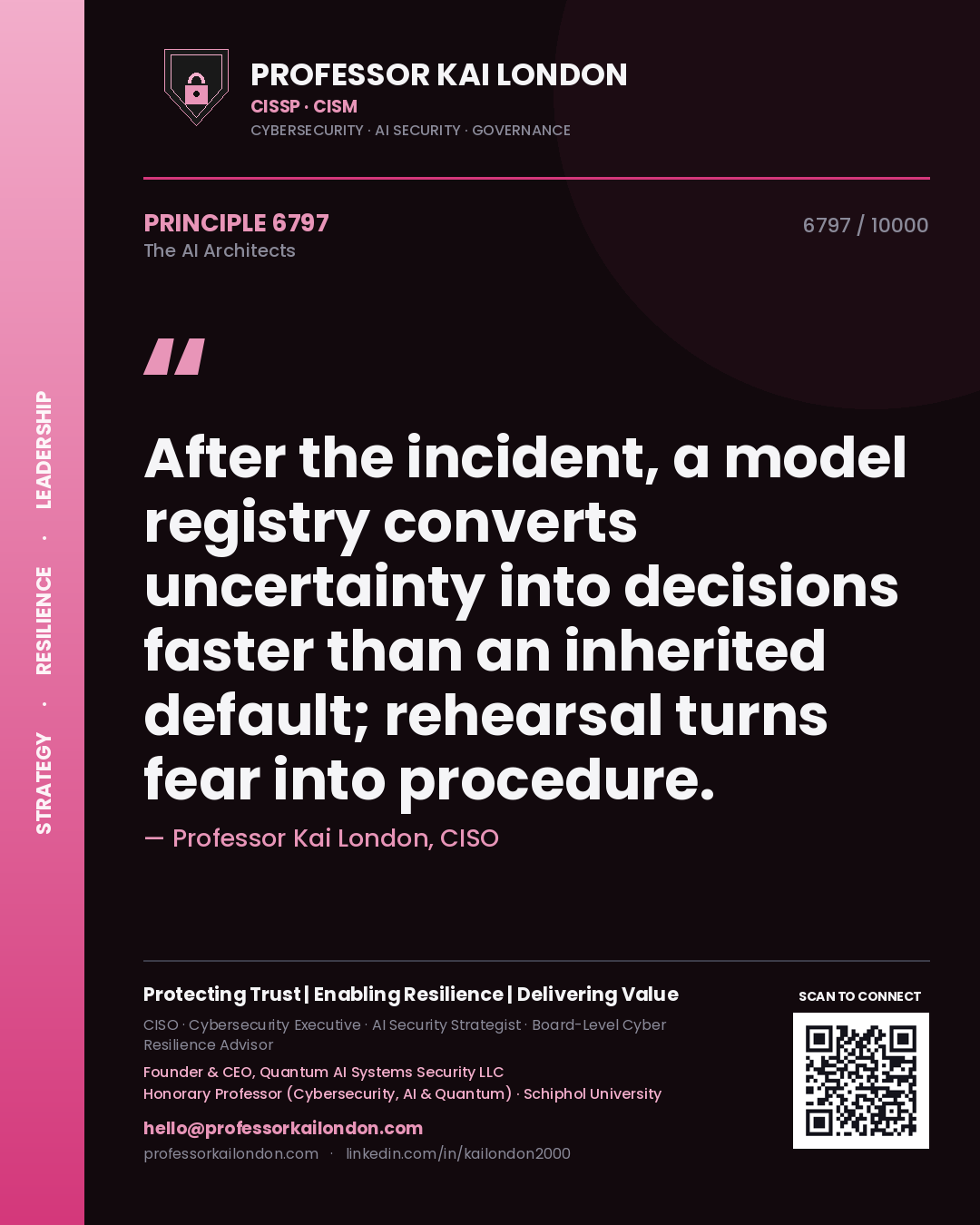 Professor Kai London principle 6797: After the incident, a model registry converts uncertainty into decisions faster than an inherited default; rehearsal turns fear into procedure.