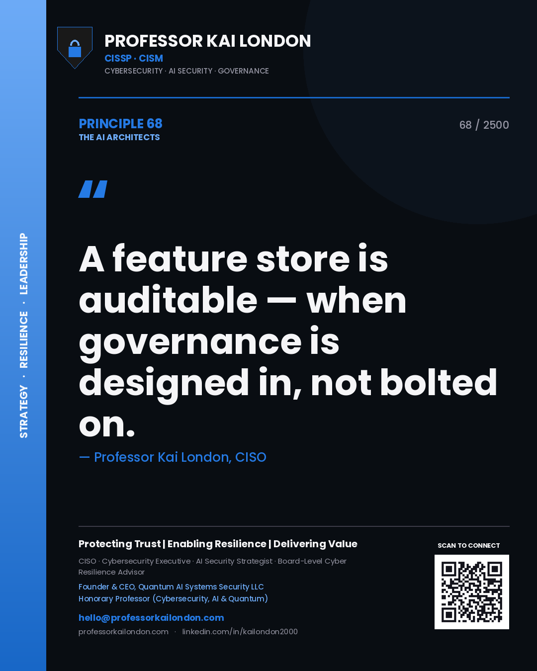 Quote card by Professor Kai London reading 'A feature store is auditable — when governance is designed in, not bolted on.'. From the book The AI Architects.
