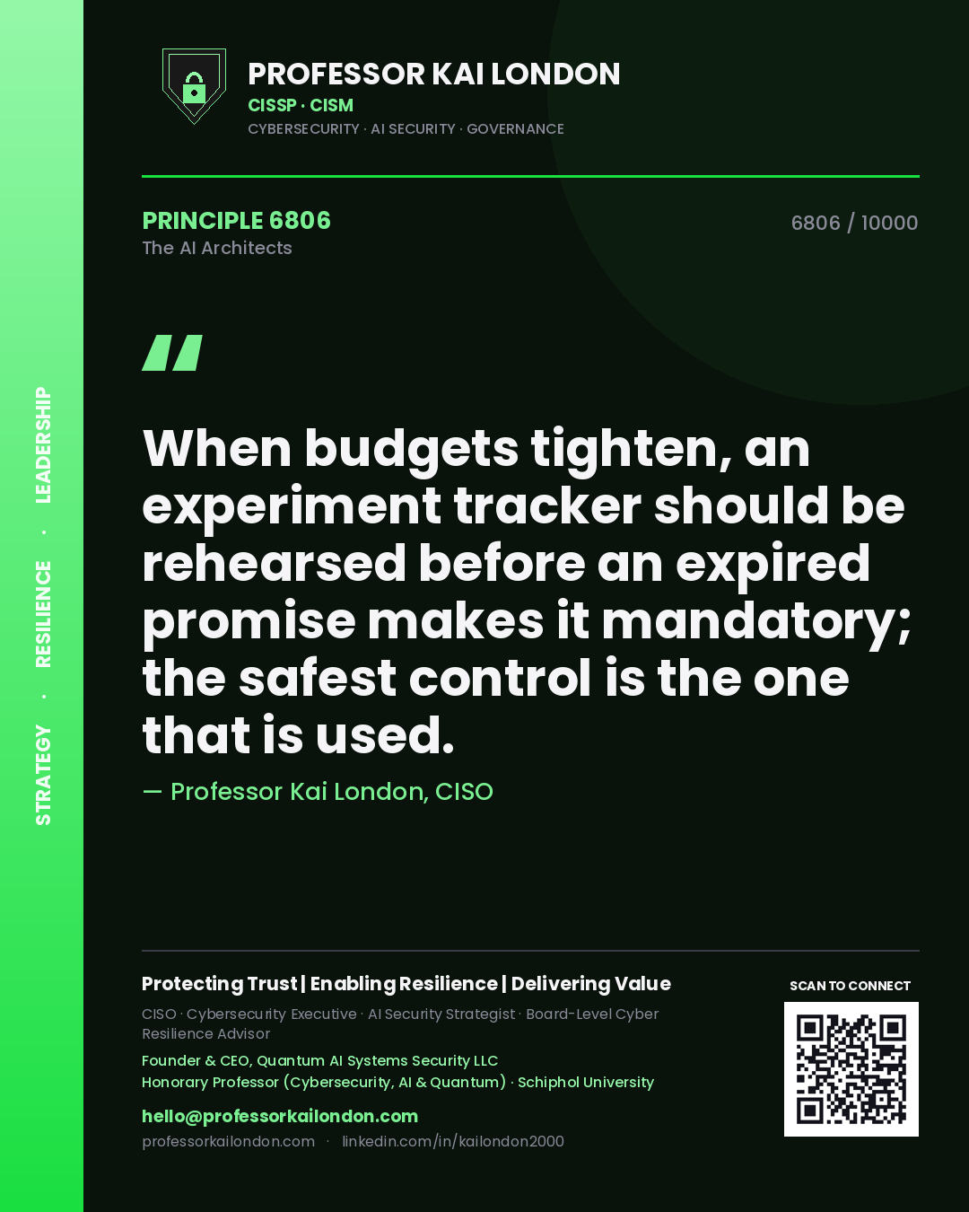 Quote card by Professor Kai London reading 'When budgets tighten, an experiment tracker should be rehearsed before an expired promise makes it mandatory; the safest control is the one that is used.'. From the book The AI Architects.