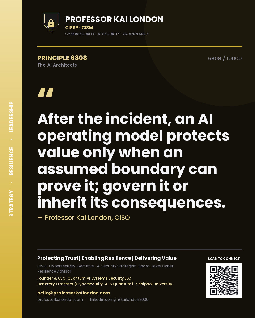 Quote card by Professor Kai London reading 'After the incident, an AI operating model protects value only when an assumed boundary can prove it; govern it or inherit its consequences.'. From the book The AI Architects.