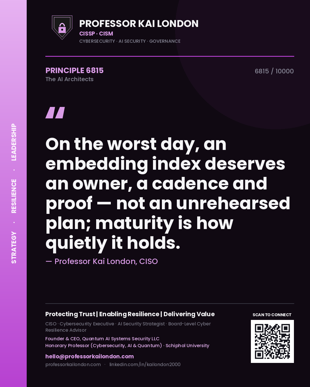 Professor Kai London principle 6815: On the worst day, an embedding index deserves an owner, a cadence and proof — not an unrehearsed plan; maturity is how quietly it holds.