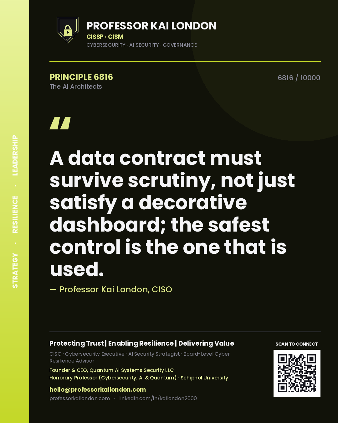 Professor Kai London principle 6816: A data contract must survive scrutiny, not just satisfy a decorative dashboard; the safest control is the one that is used.