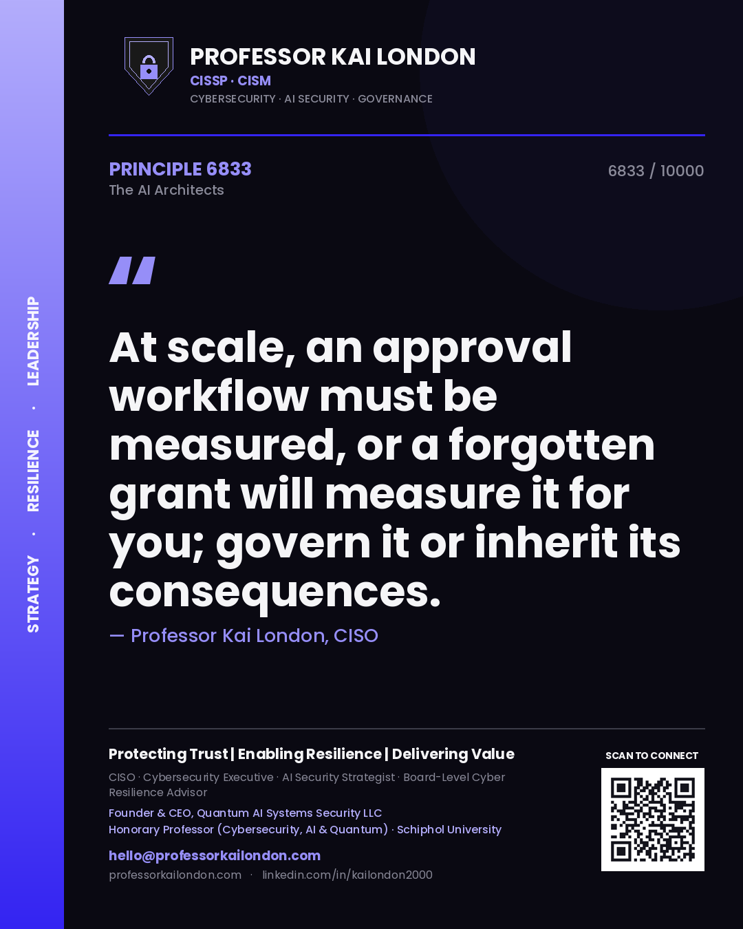 Quote card by Professor Kai London reading 'At scale, an approval workflow must be measured, or a forgotten grant will measure it for you; govern it or inherit its consequences.'. From the book The AI Architects.