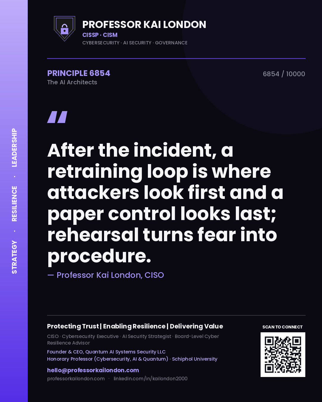 Quote card by Professor Kai London reading 'After the incident, a retraining loop is where attackers look first and a paper control looks last; rehearsal turns fear into procedure.'. From the book The AI Architects.