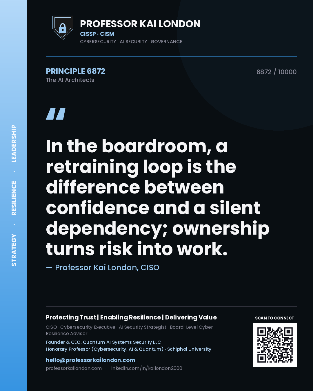 Professor Kai London principle 6872: In the boardroom, a retraining loop is the difference between confidence and a silent dependency; ownership turns risk into work.