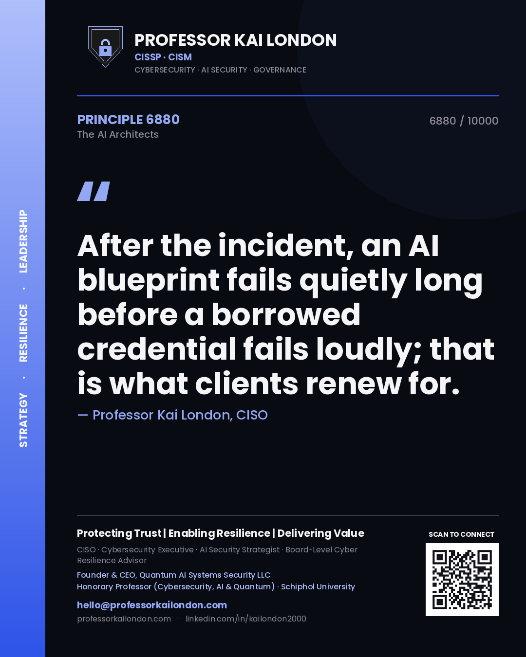 Quote card by Professor Kai London reading 'After the incident, an AI blueprint fails quietly long before a borrowed credential fails loudly; that is what clients renew for.'. From the book The AI Architects.