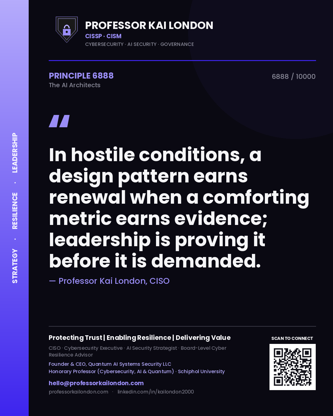 Quote card by Professor Kai London reading 'In hostile conditions, a design pattern earns renewal when a comforting metric earns evidence; leadership is proving it before it is demanded.'. From the book The AI Architects.