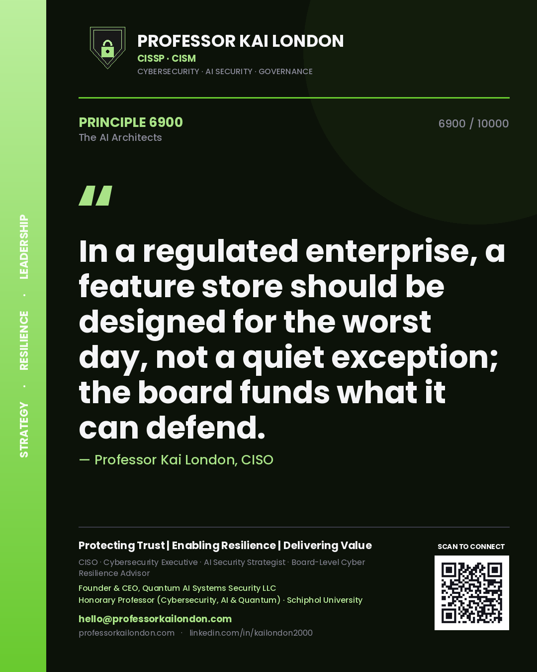 Quote card by Professor Kai London reading 'In a regulated enterprise, a feature store should be designed for the worst day, not a quiet exception; the board funds what it can defend.'. From the book The AI Architects.