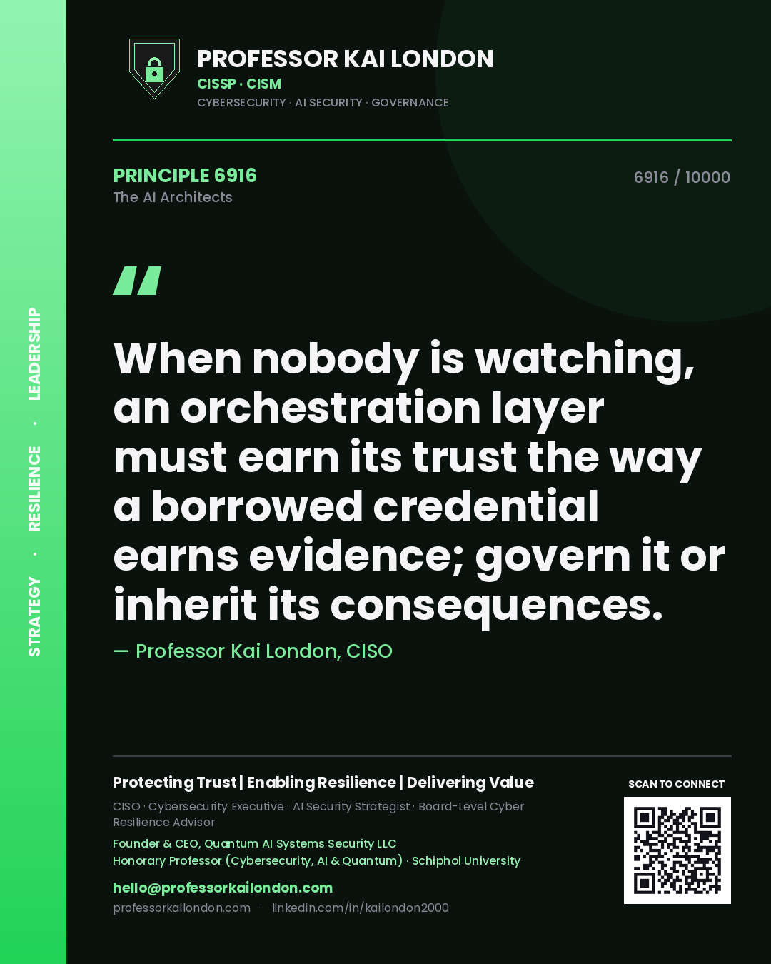 Professor Kai London principle 6916: When nobody is watching, an orchestration layer must earn its trust the way a borrowed credential earns evidence; govern it or inherit its consequences.