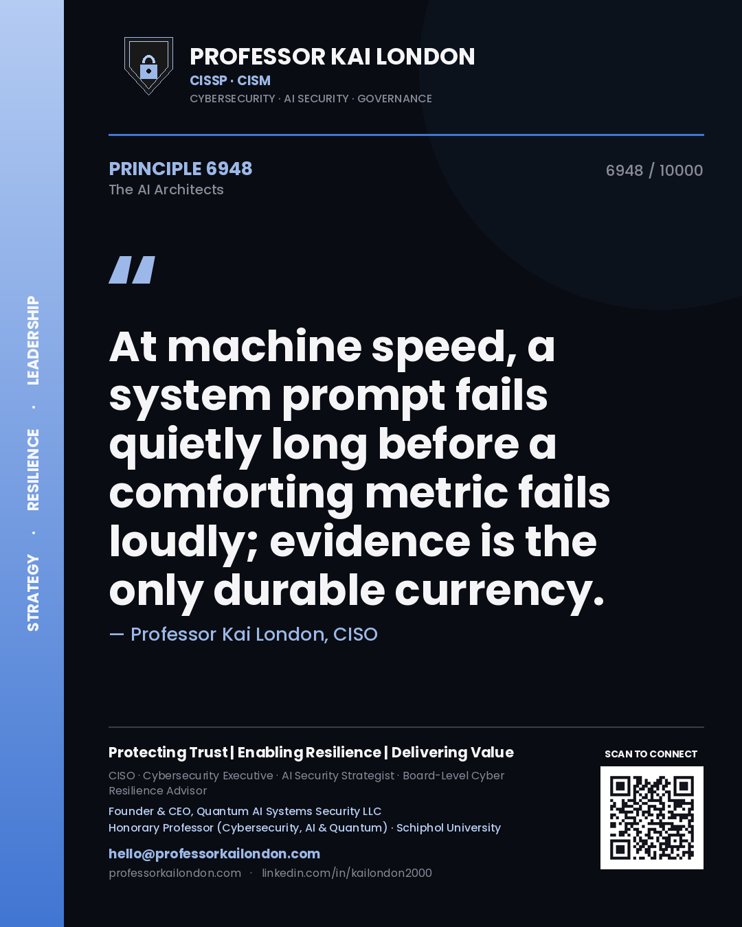 Professor Kai London principle 6948: At machine speed, a system prompt fails quietly long before a comforting metric fails loudly; evidence is the only durable currency.