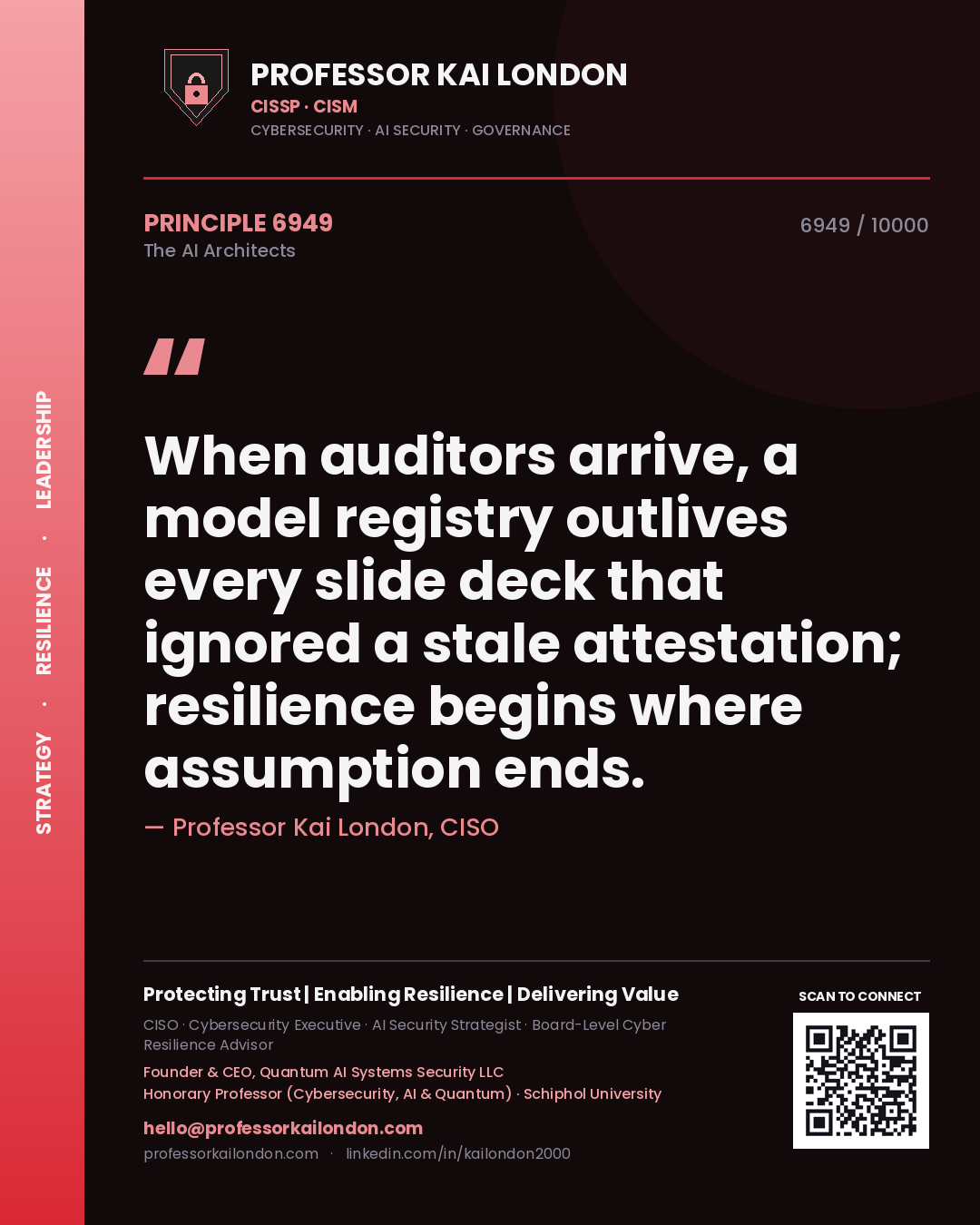 Quote card by Professor Kai London reading 'When auditors arrive, a model registry outlives every slide deck that ignored a stale attestation; resilience begins where assumption ends.'. From the book The AI Architects.
