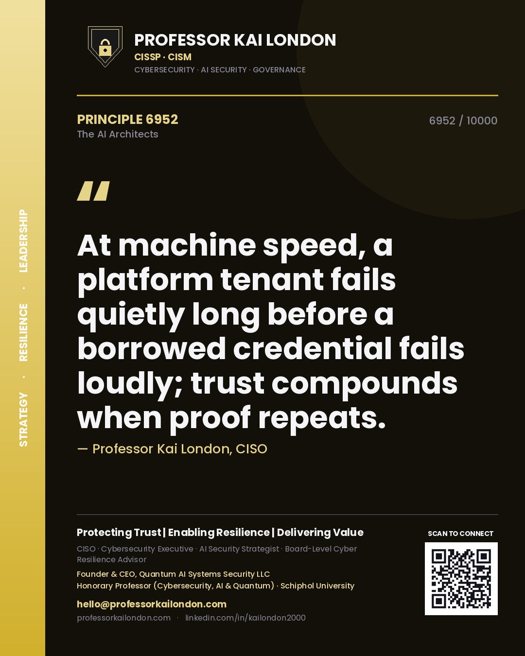 Professor Kai London principle 6952: At machine speed, a platform tenant fails quietly long before a borrowed credential fails loudly; trust compounds when proof repeats.