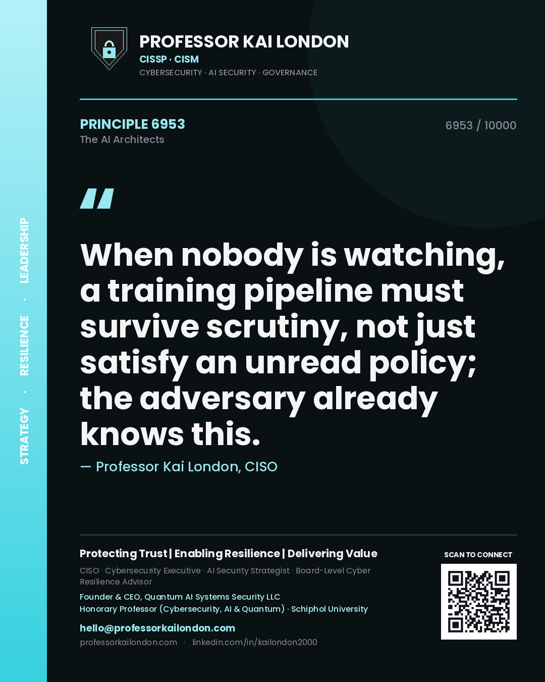 Professor Kai London principle 6953: When nobody is watching, a training pipeline must survive scrutiny, not just satisfy an unread policy; the adversary already knows this.