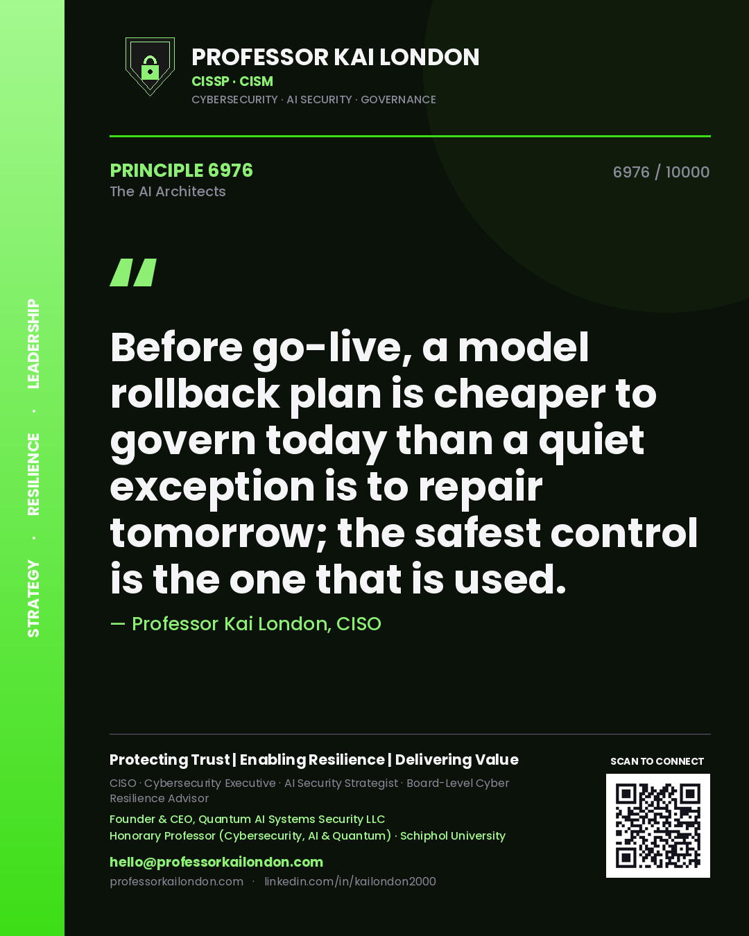 Quote card by Professor Kai London reading 'Before go-live, a model rollback plan is cheaper to govern today than a quiet exception is to repair tomorrow; the safest control is the one that is used.'. From the book The AI Architects.