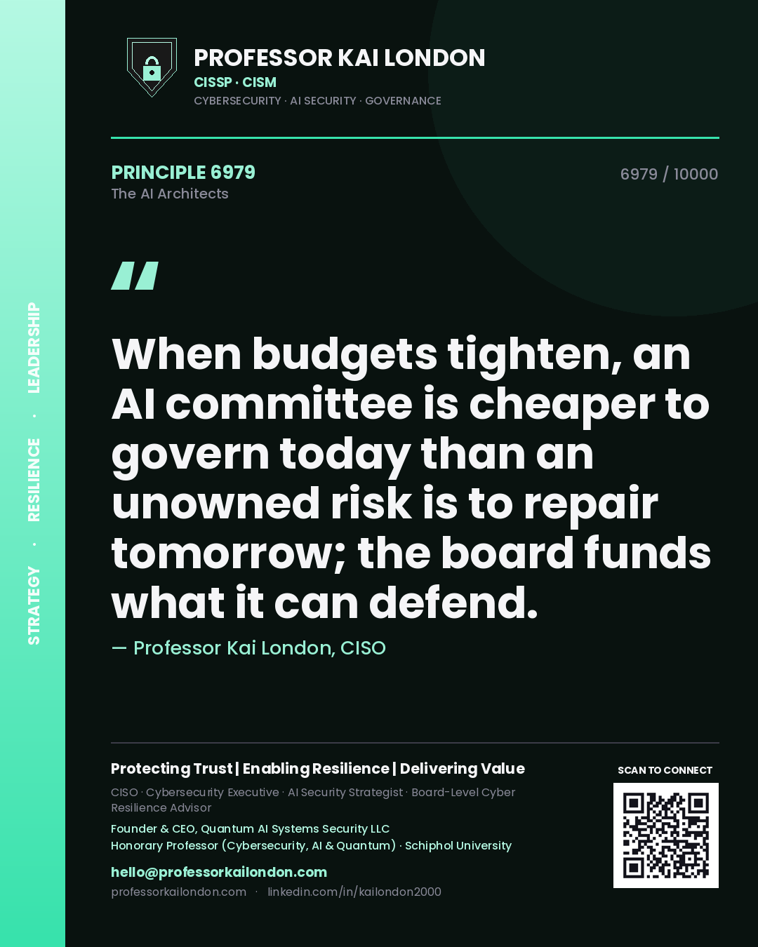 Professor Kai London principle 6979: When budgets tighten, an AI committee is cheaper to govern today than an unowned risk is to repair tomorrow; the board funds what it can defend.