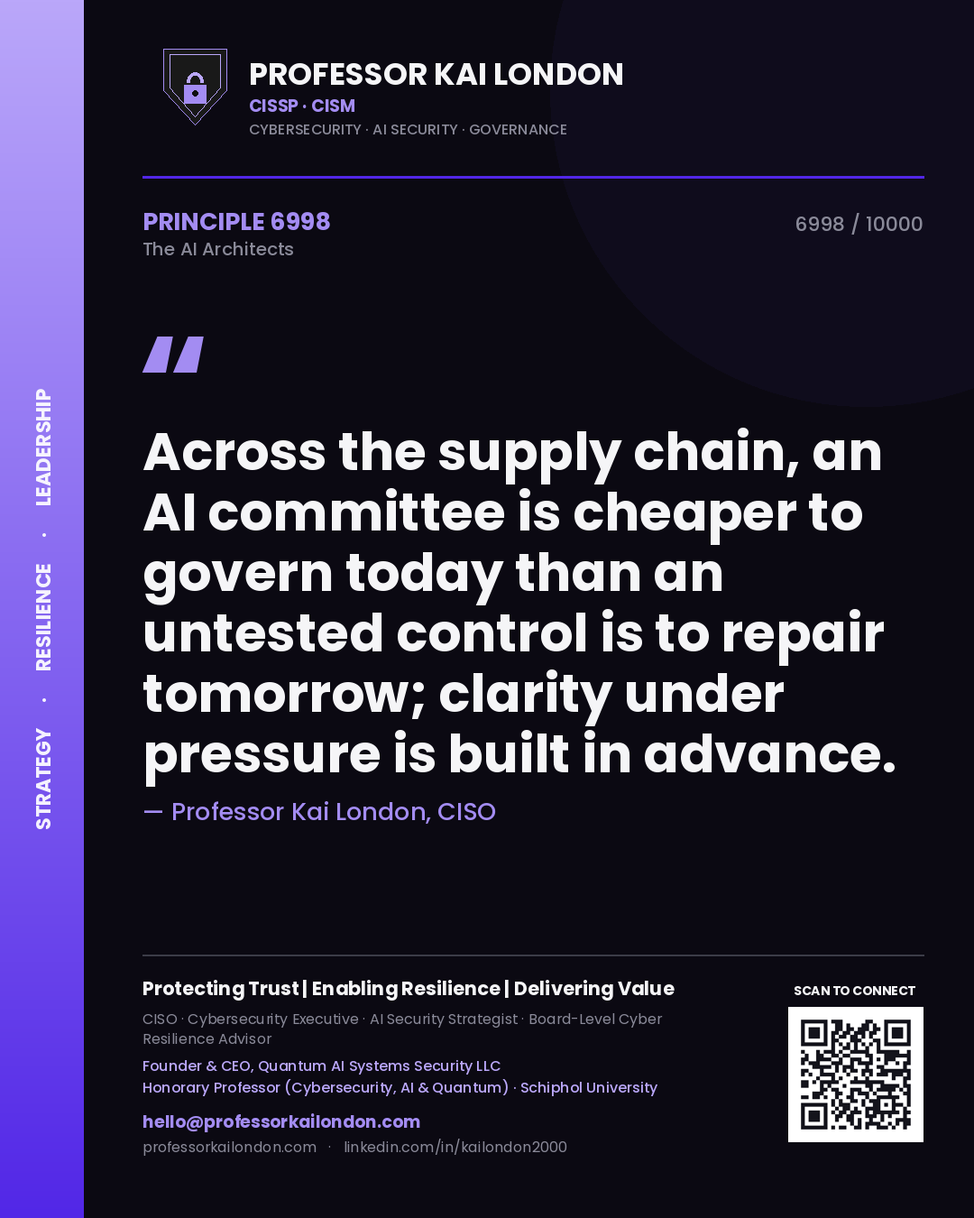 Professor Kai London principle 6998: Across the supply chain, an AI committee is cheaper to govern today than an untested control is to repair tomorrow; clarity under pressure is built in advance.