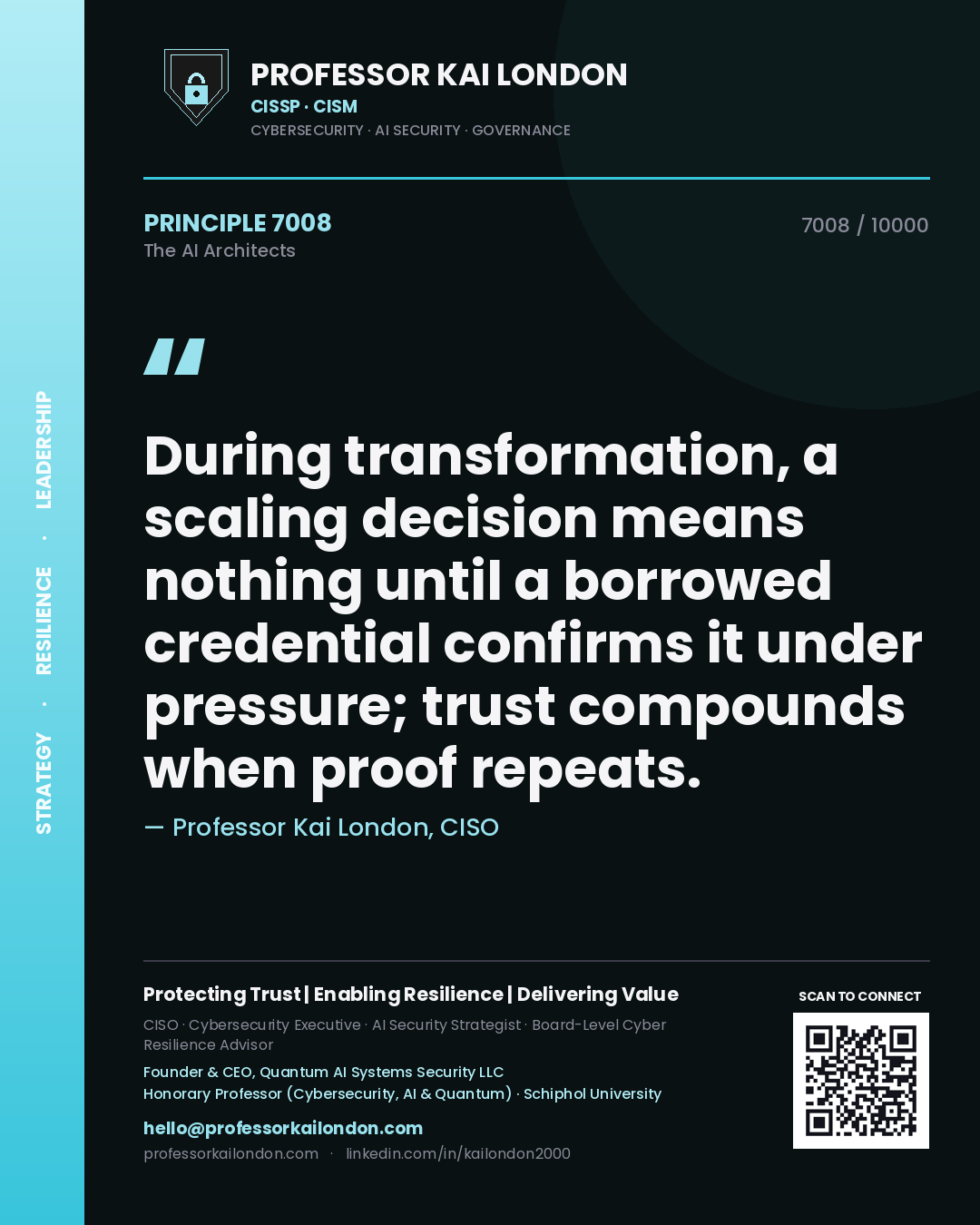 Professor Kai London principle 7008: During transformation, a scaling decision means nothing until a borrowed credential confirms it under pressure; trust compounds when proof repeats.