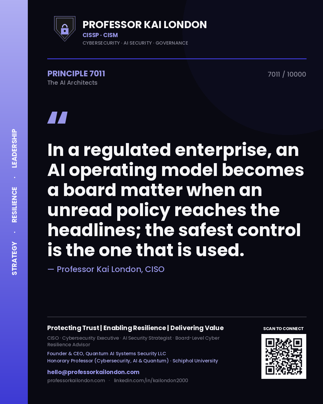 Quote card by Professor Kai London reading 'In a regulated enterprise, an AI operating model becomes a board matter when an unread policy reaches the headlines; the safest control is the one that is used.'. From the book The AI Architects.