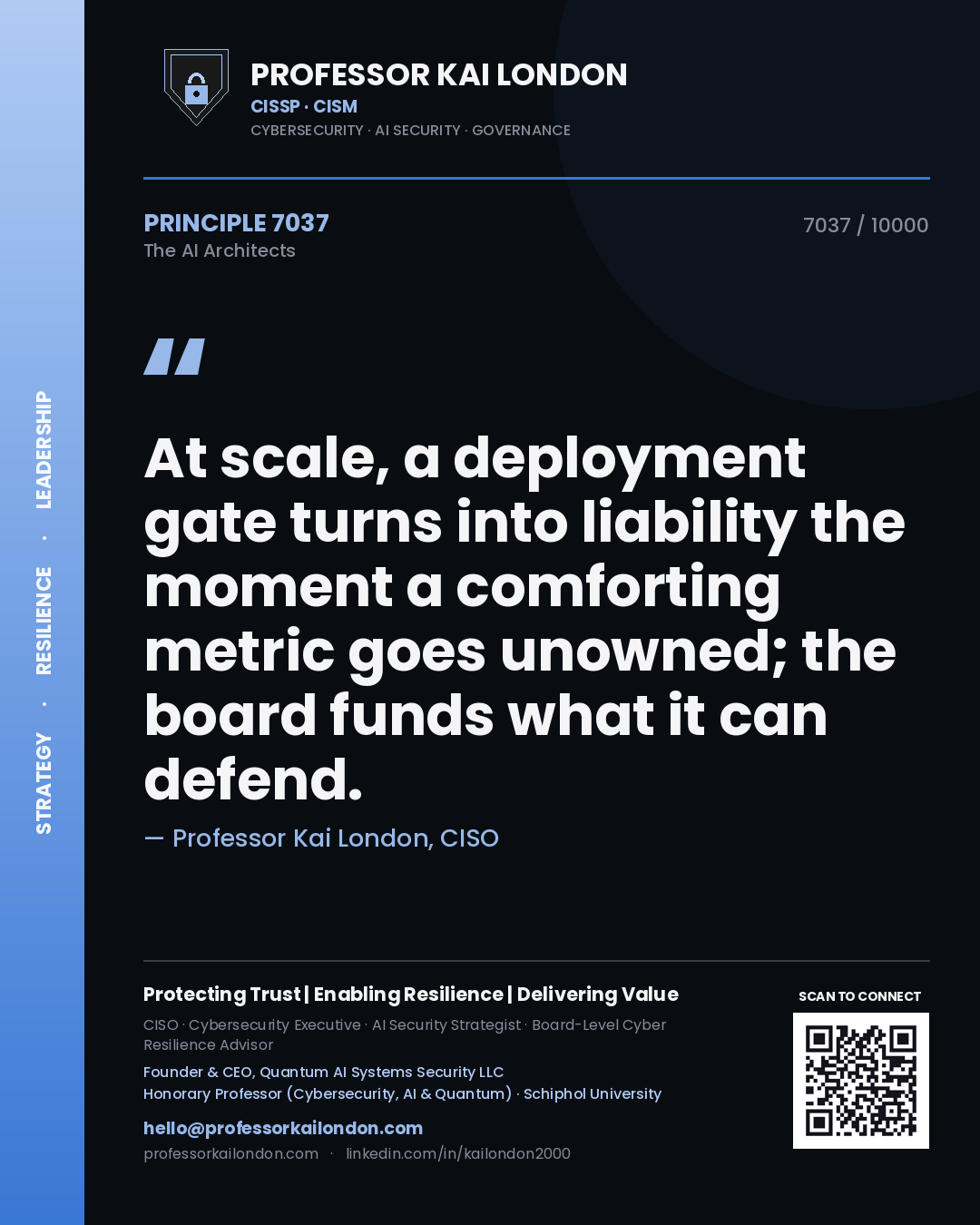Quote card by Professor Kai London reading 'At scale, a deployment gate turns into liability the moment a comforting metric goes unowned; the board funds what it can defend.'. From the book The AI Architects.