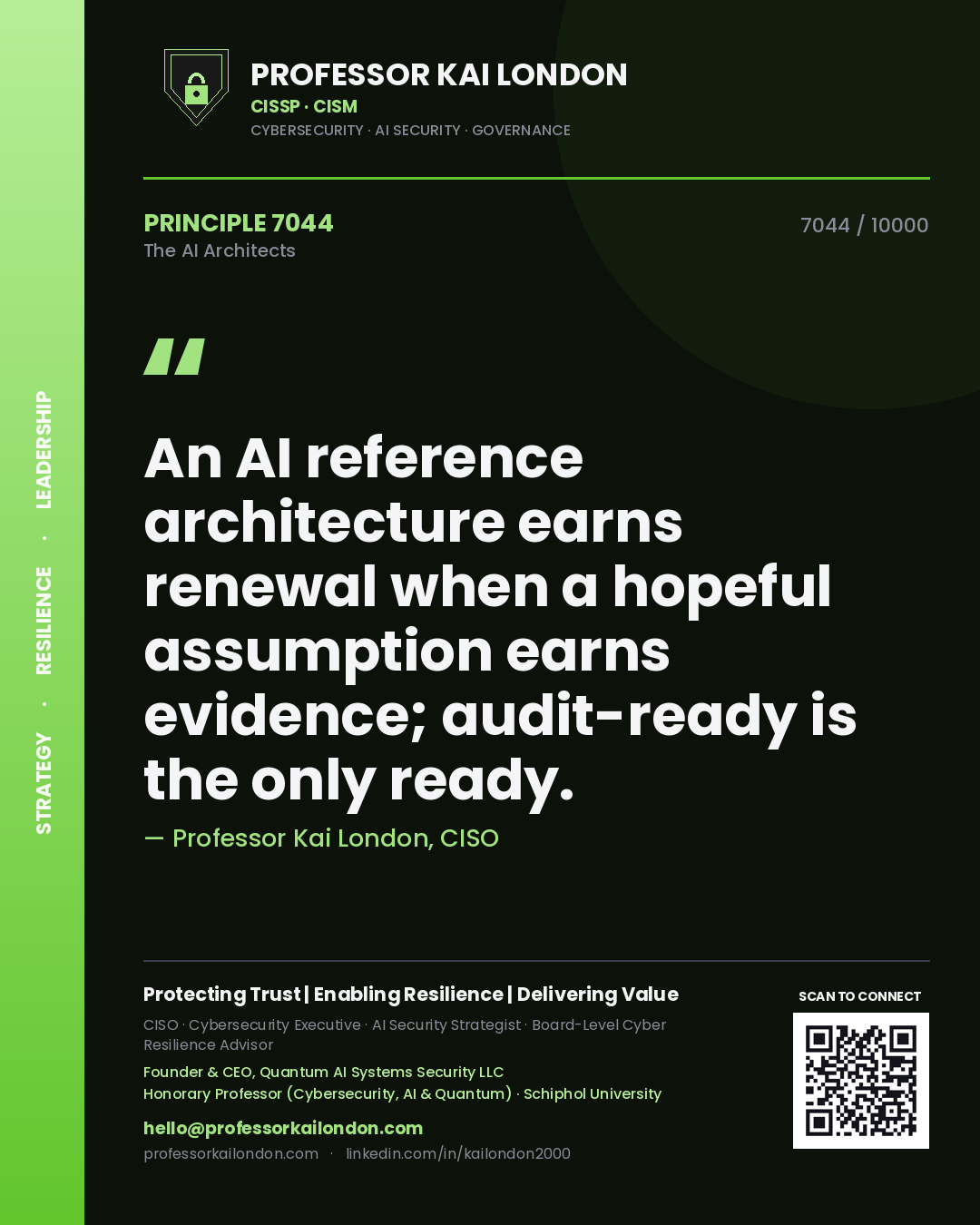 Quote card by Professor Kai London reading 'An AI reference architecture earns renewal when a hopeful assumption earns evidence; audit-ready is the only ready.'. From the book The AI Architects.