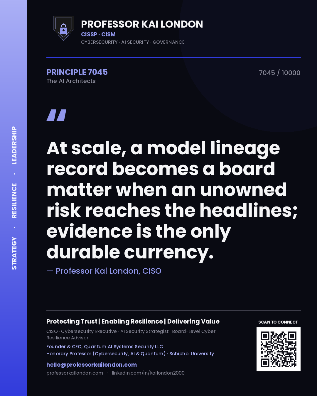 Professor Kai London principle 7045: At scale, a model lineage record becomes a board matter when an unowned risk reaches the headlines; evidence is the only durable currency.
