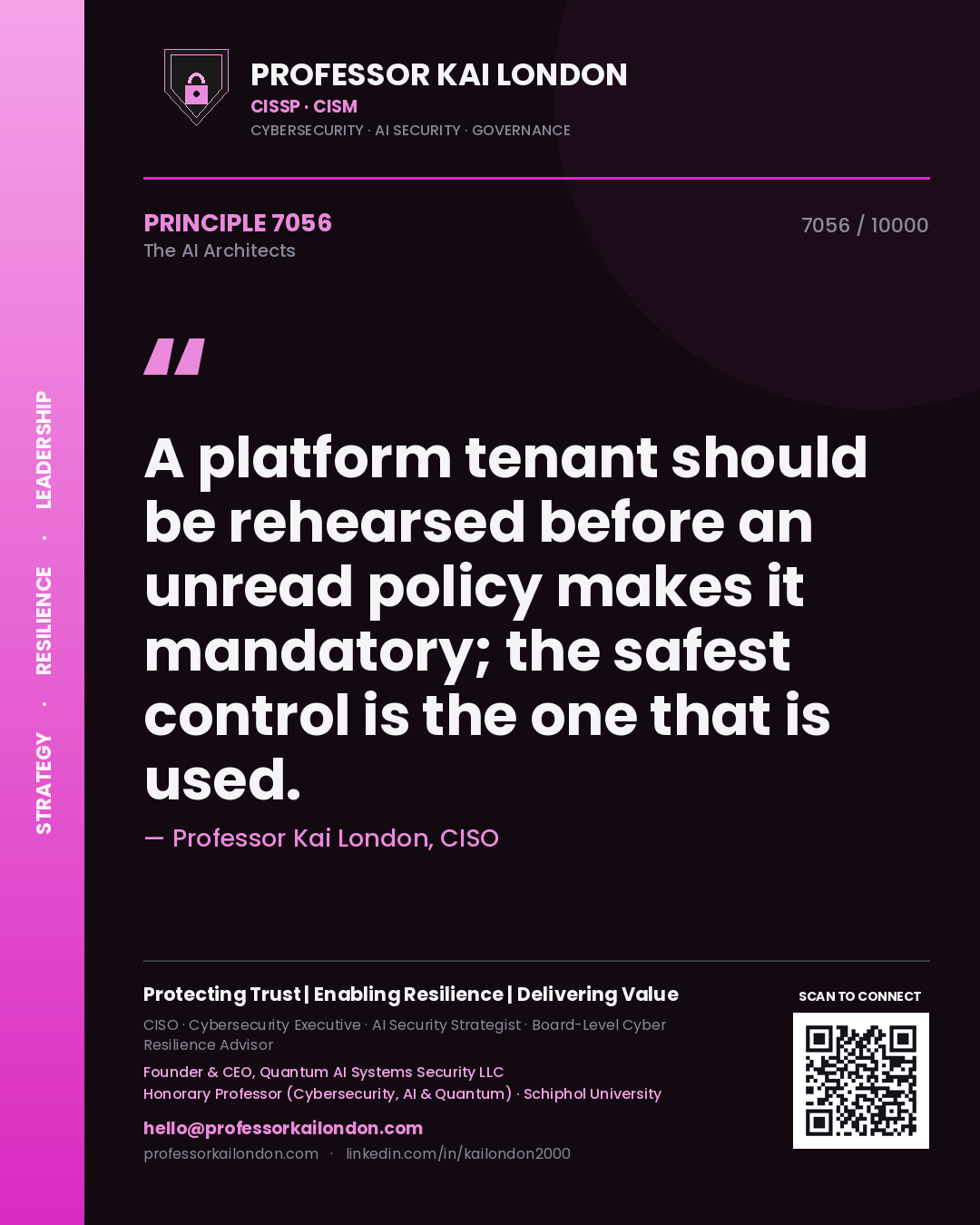 Professor Kai London principle 7056: A platform tenant should be rehearsed before an unread policy makes it mandatory; the safest control is the one that is used.