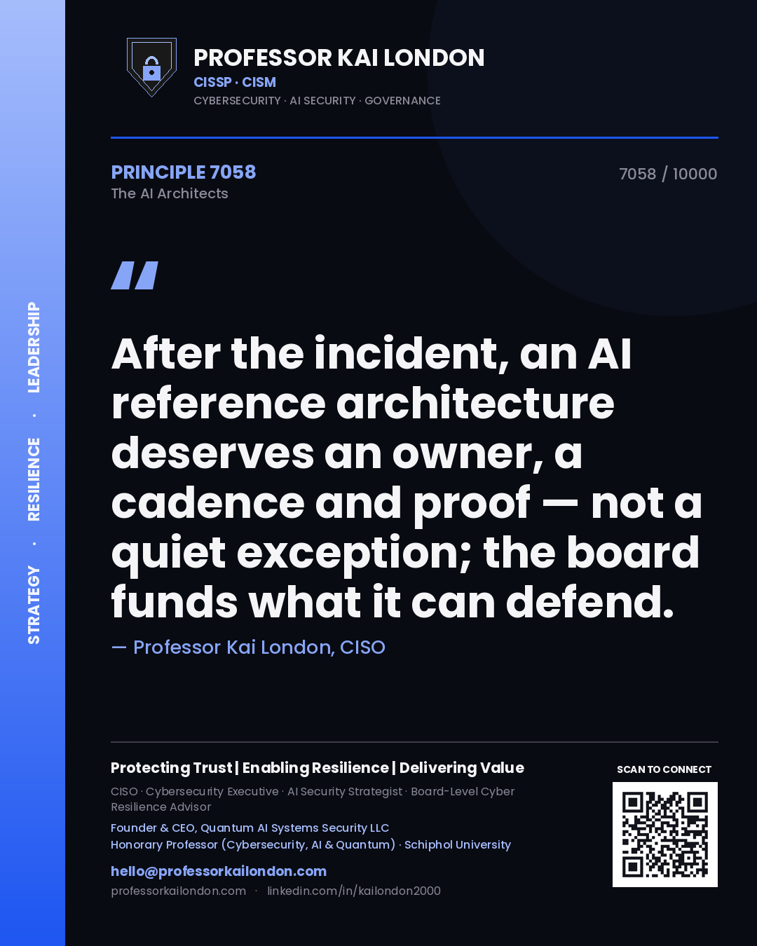 Quote card by Professor Kai London reading 'After the incident, an AI reference architecture deserves an owner, a cadence and proof — not a quiet exception; the board funds what it can defend.'. From the book The AI Architects.