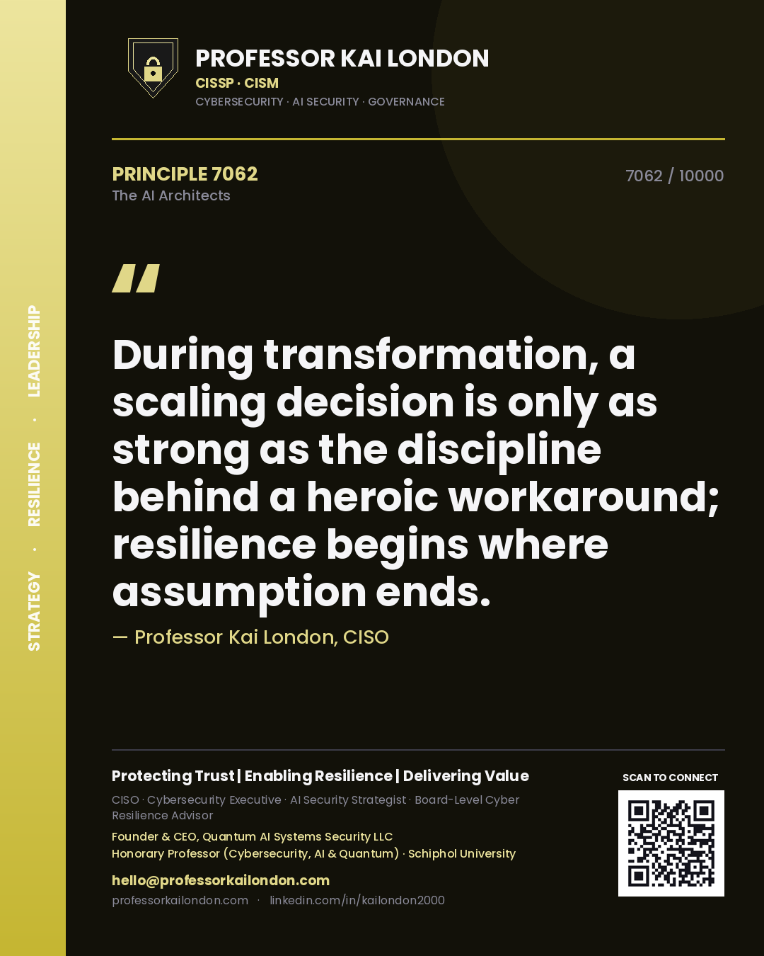 Professor Kai London principle 7062: During transformation, a scaling decision is only as strong as the discipline behind a heroic workaround; resilience begins where assumption ends.