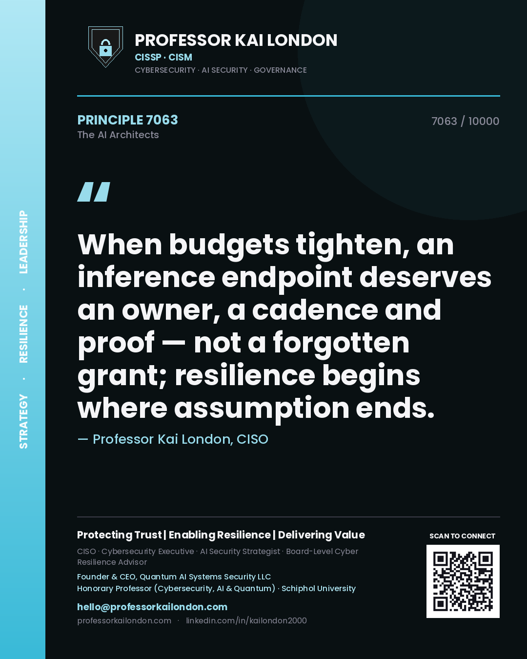 Quote card by Professor Kai London reading 'When budgets tighten, an inference endpoint deserves an owner, a cadence and proof — not a forgotten grant; resilience begins where assumption ends.'. From the book The AI Architects.