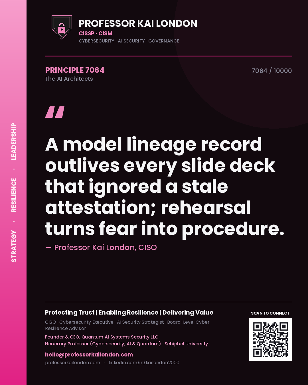 Quote card by Professor Kai London reading 'A model lineage record outlives every slide deck that ignored a stale attestation; rehearsal turns fear into procedure.'. From the book The AI Architects.